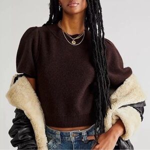 Free People Chocolate Brown Sweater – Size M – Soft Knit Crewneck 100% Wool